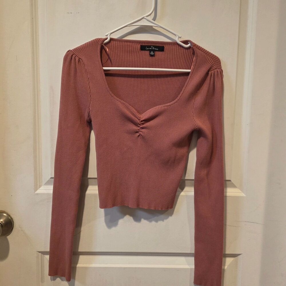Love Tree Ribbed Long Sleeve Crop Top Women's M Dusty Rose Sweetheart Ruched
